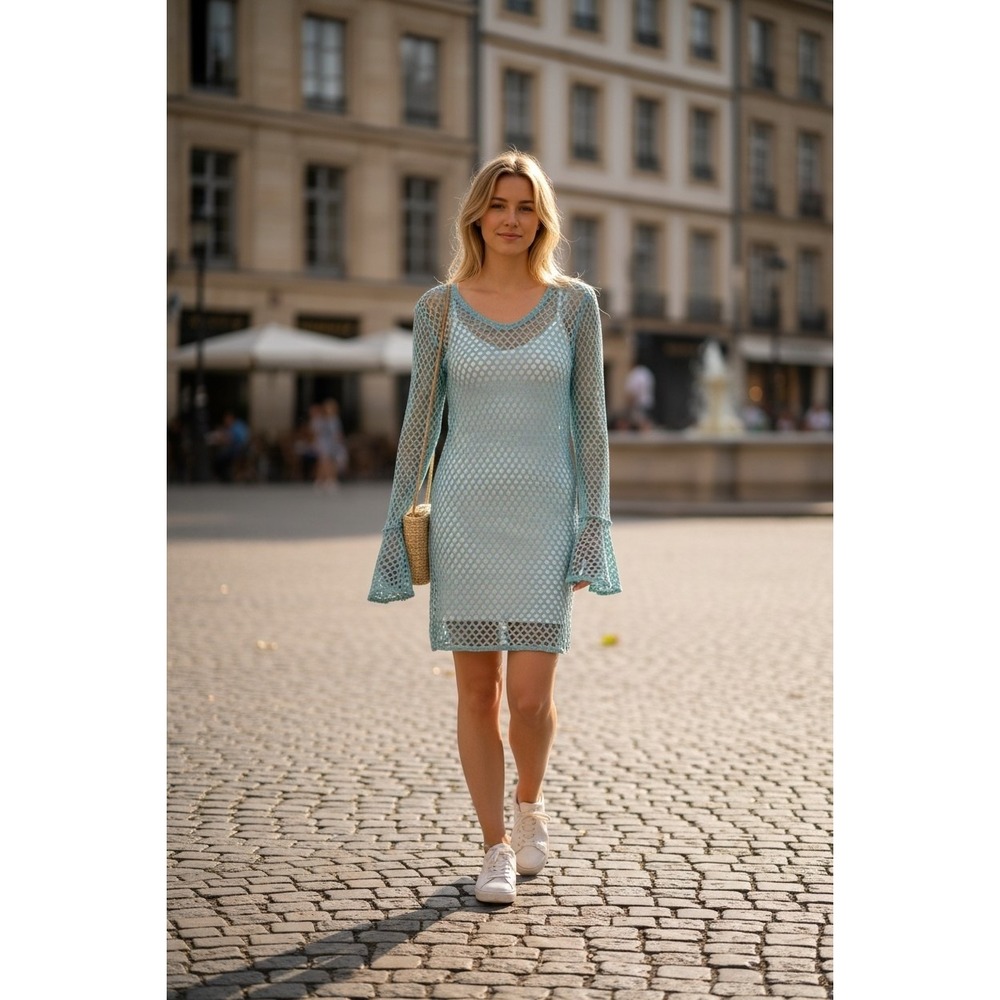 Minor Creations Blue Fishnet Bell Sleeve Mini Dress One Size Festival Coverup